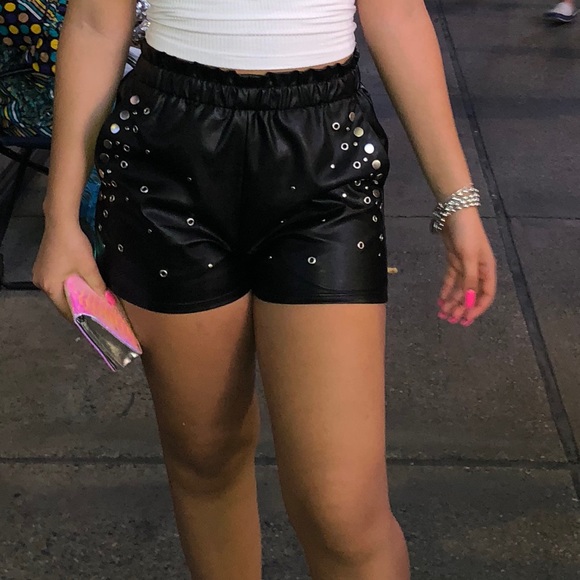 Black faux Leather Shorts with Silver Accents - Picture 2 of 2